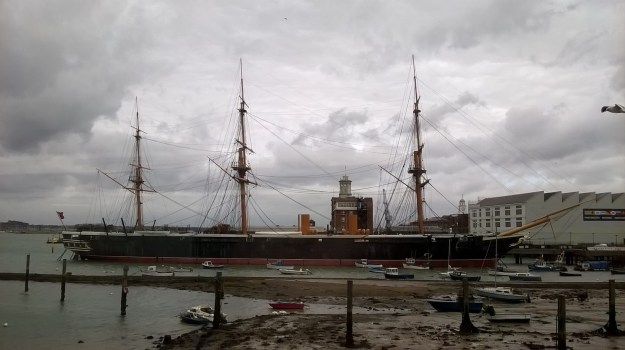 HMS Warrior, the Royal Navy's first iron-clad warship, seen from Portsmouth Harbour train station.